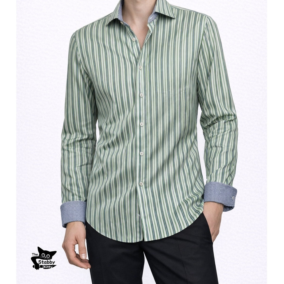 Bugatchi Shaped Fit Stripe Button Front Shirt Green Men’s L