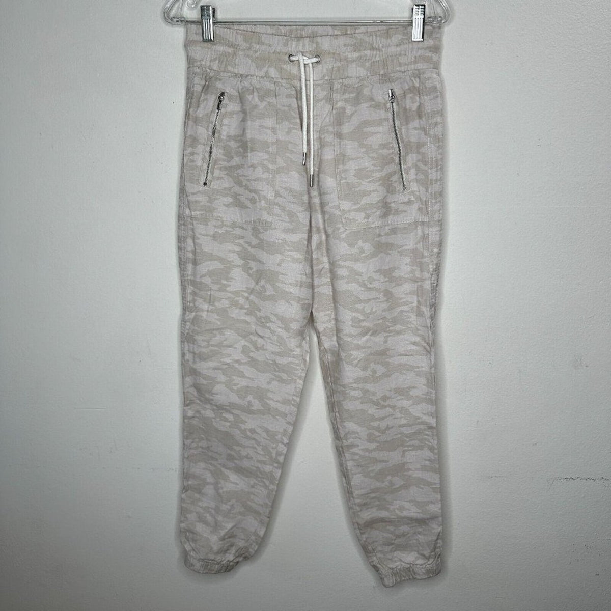 Athleta Cream & Tan Camo Cabo Print Tied Linen Jogger Pant Zip Front Pockets 4