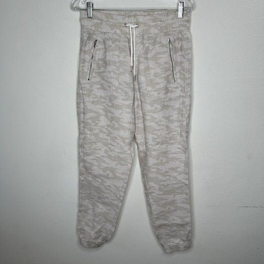 Athleta Cream & Tan Camo Cabo Print Tied Linen Jogger Pant Zip Front Pockets 4