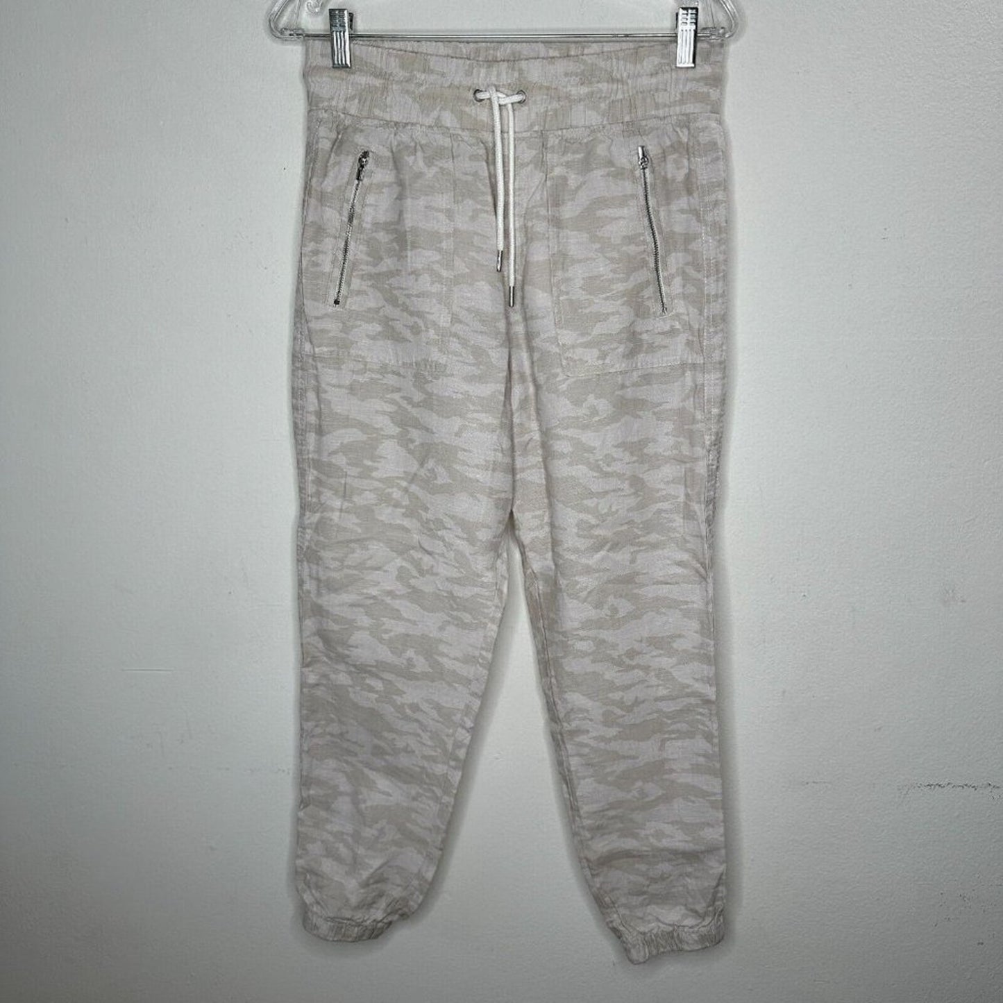 Athleta Cream & Tan Camo Cabo Print Tied Linen Jogger Pant Zip Front Pockets 4