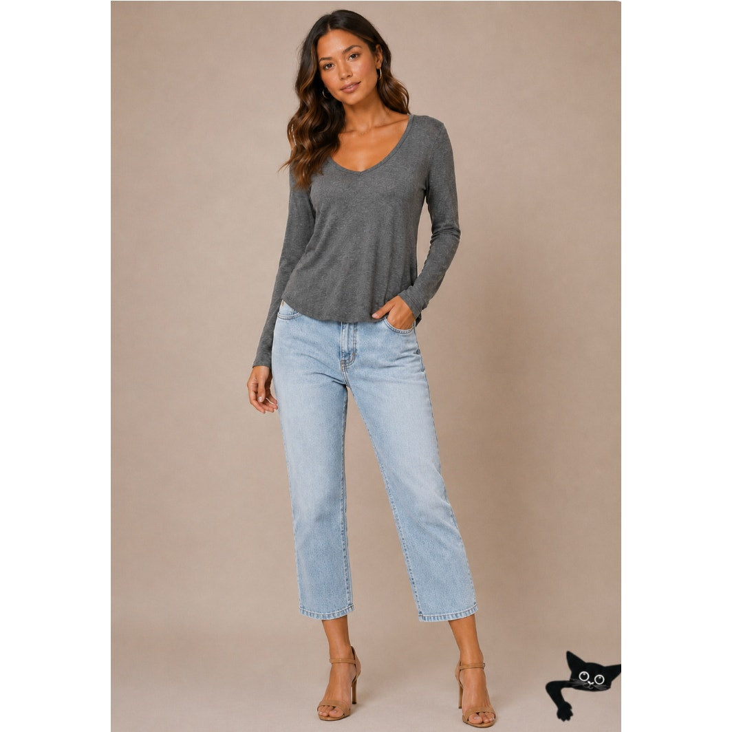 Splendid Dark Heather Gray Light Weight Long Sleeve Deep VNeck Sweater Top Med