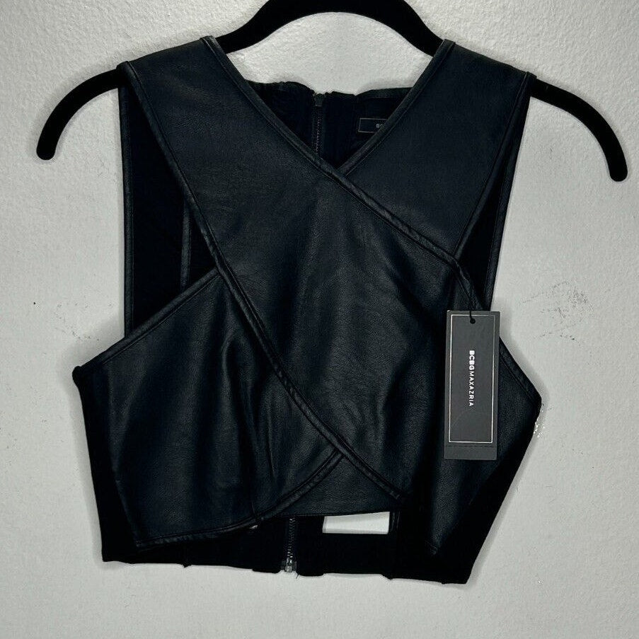 NWT BCBGMAXAZRIA Black Leatherette Nyella Criss Cross Sleeveless Crop Top XS