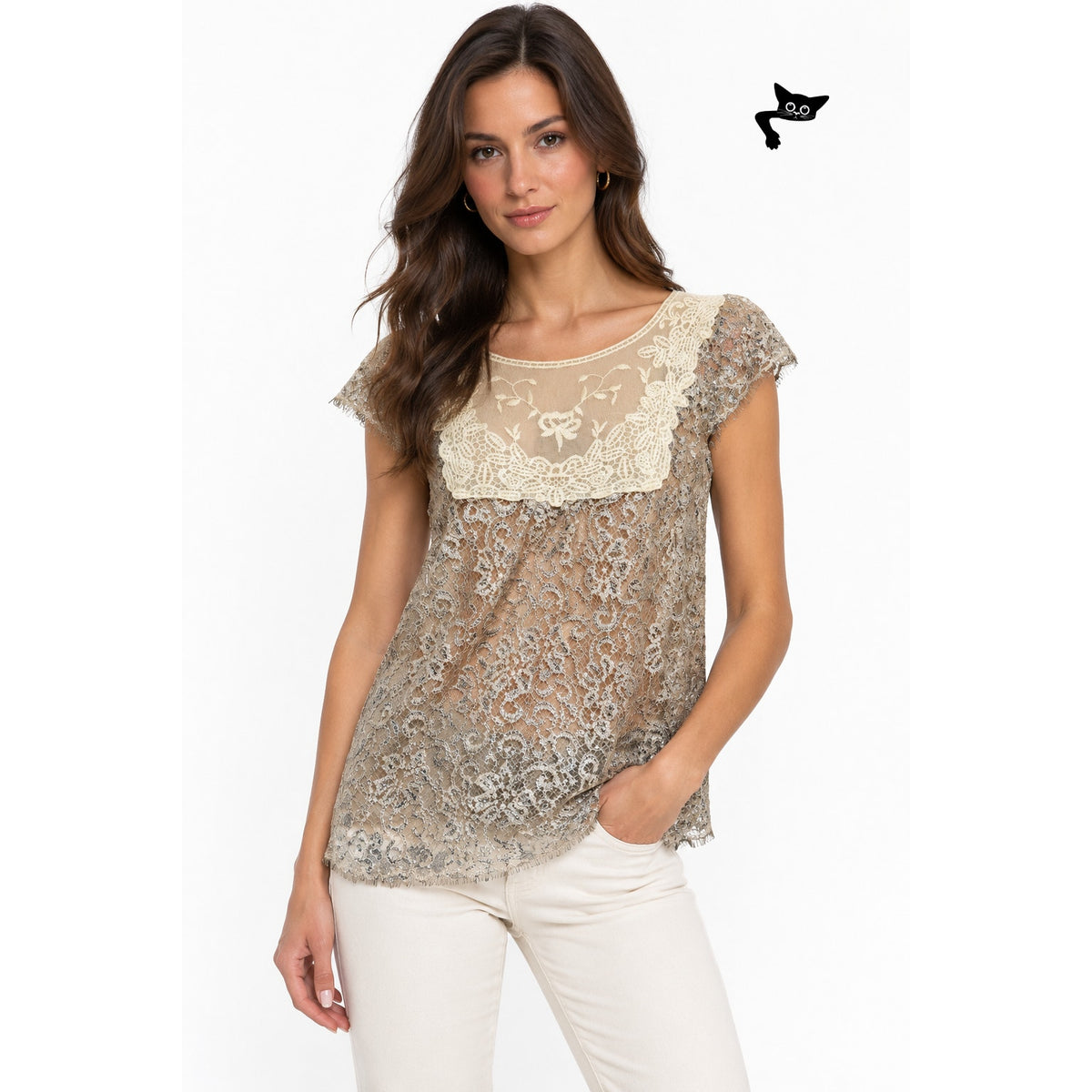 HD in Paris Metallic Silver Floral Lace Cap Sleeve Blouse Women's US 2