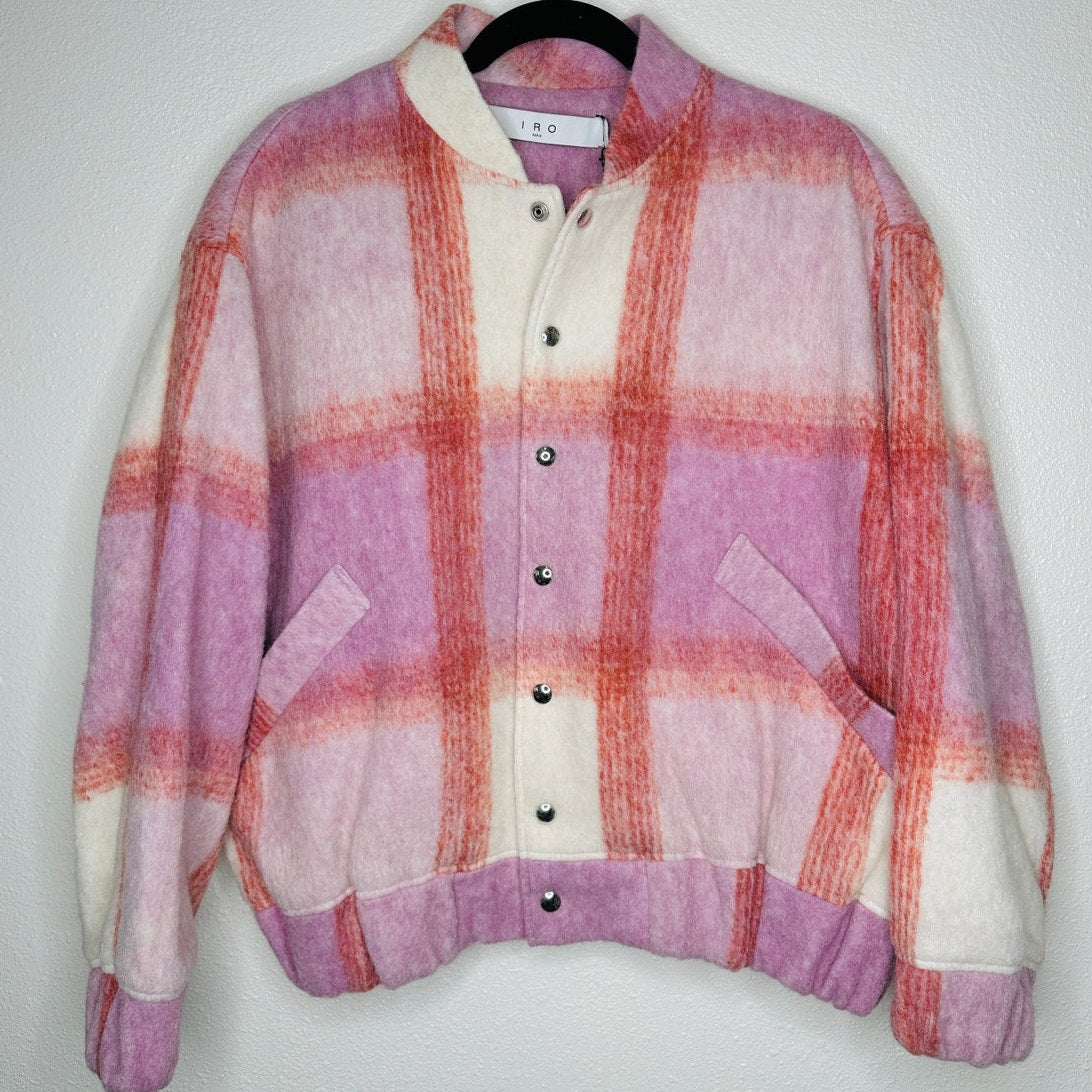 IRO Lahiana Biker Jacket Pink Tartan Plaid Long Sleeve Wool Bomber 40 / M