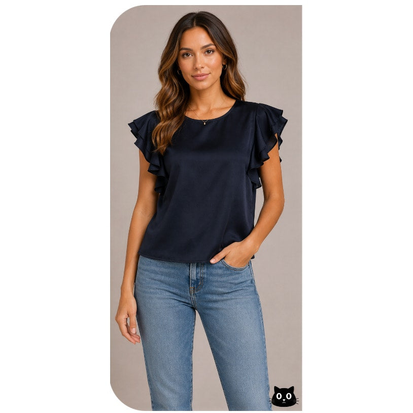 Zara Black Silky Scallop Ruffle Sleeve Blouse Small