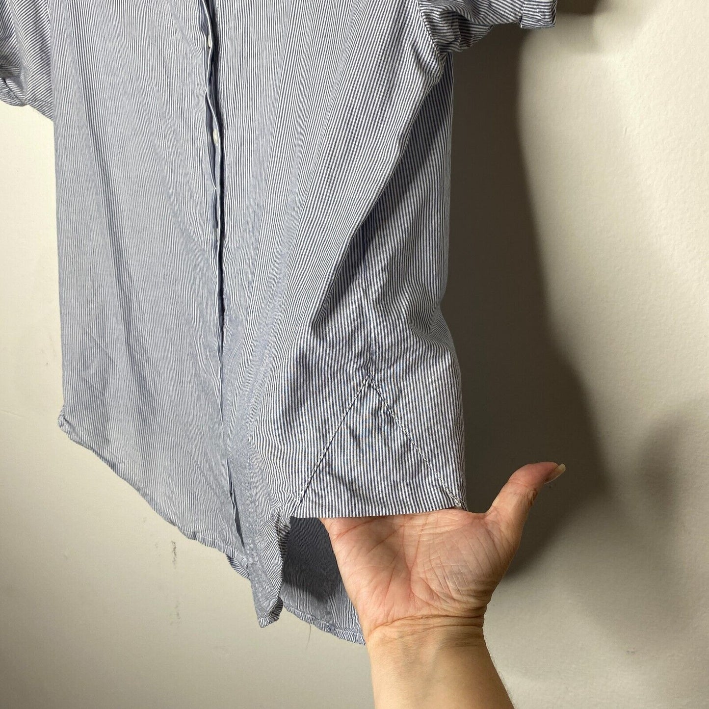 Aritzia Community Blue and White Pin Stripe The Jane Short Sleeve Button Shirt