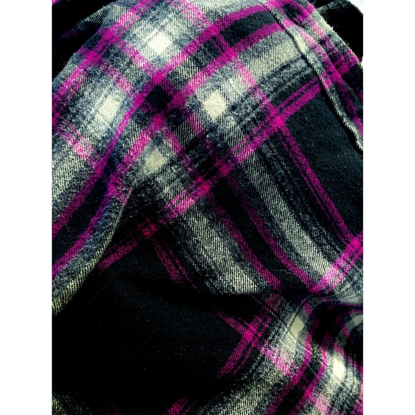Soft Surroundings Magenta Black Plaid Button Elbow Patch Embroidered Pocket M