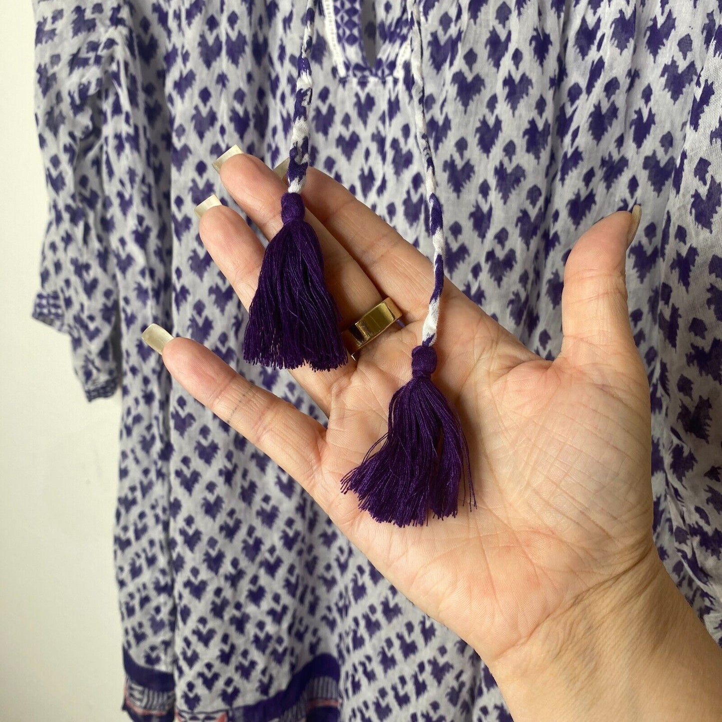 Roberta Roller Rabbit White Purple Sheer Serafina Pom Pom Tunic Top Tie Tassels