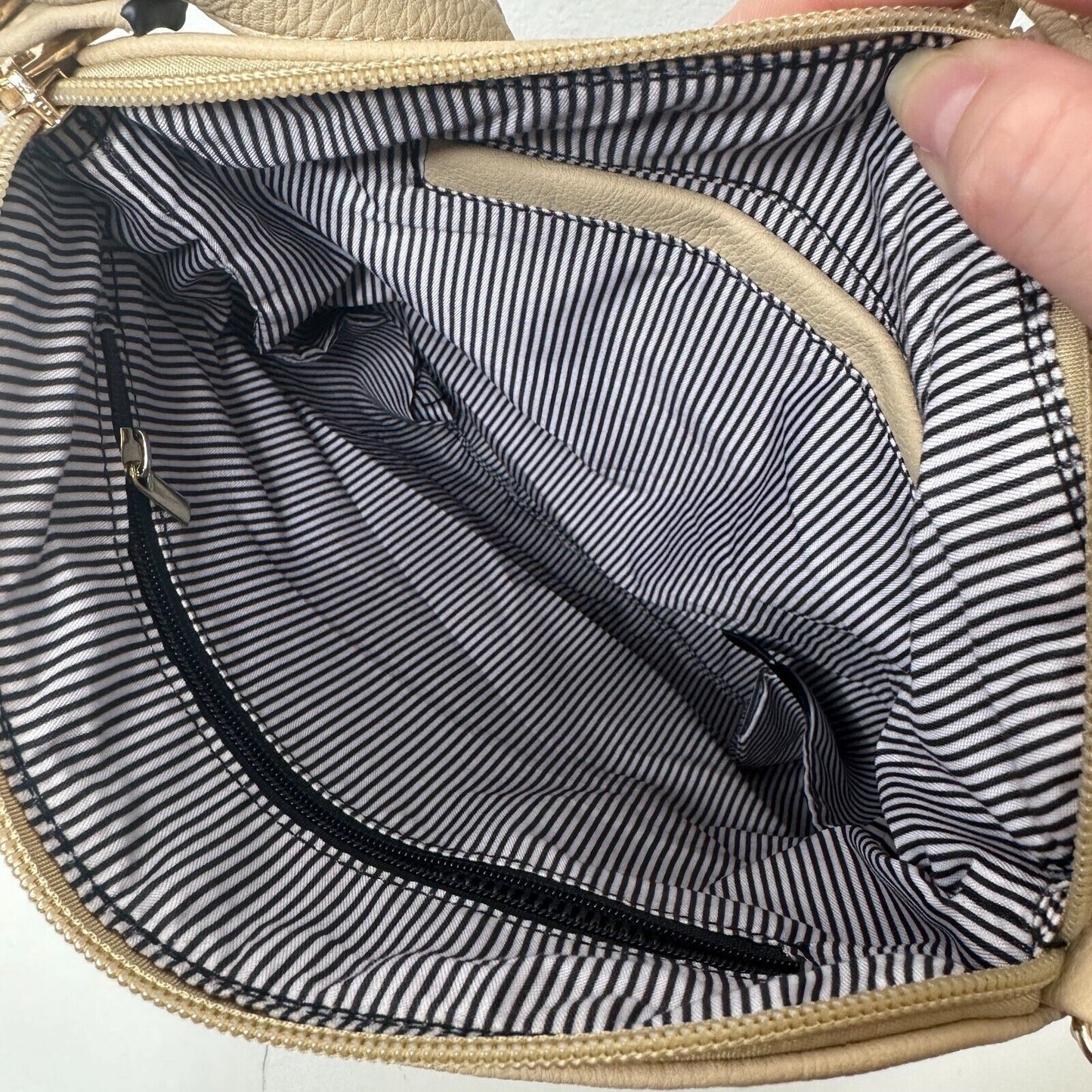 Desert Sand Tan and Gold Crossbody Bag Tassel Blue White Striped Interior Strap