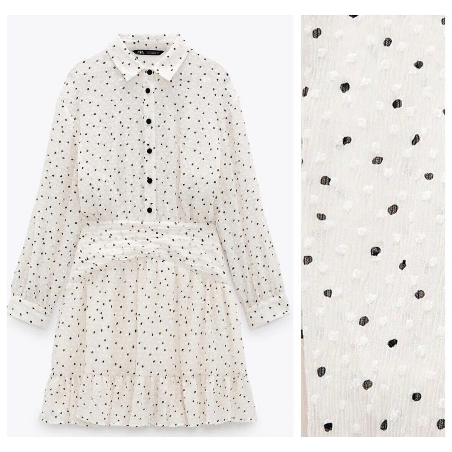 Zara Cream Black Dotted Swiss Long Sleeve 1/2 Button Collared Ruffle Hem Dress