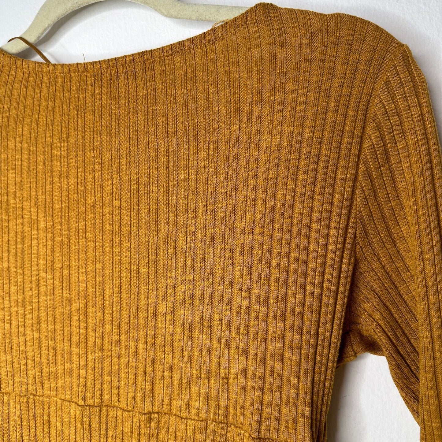 Pull & Bear Golden Yellow Cotton Rib Long Sleeve VNeck Button Up Mini Dress S