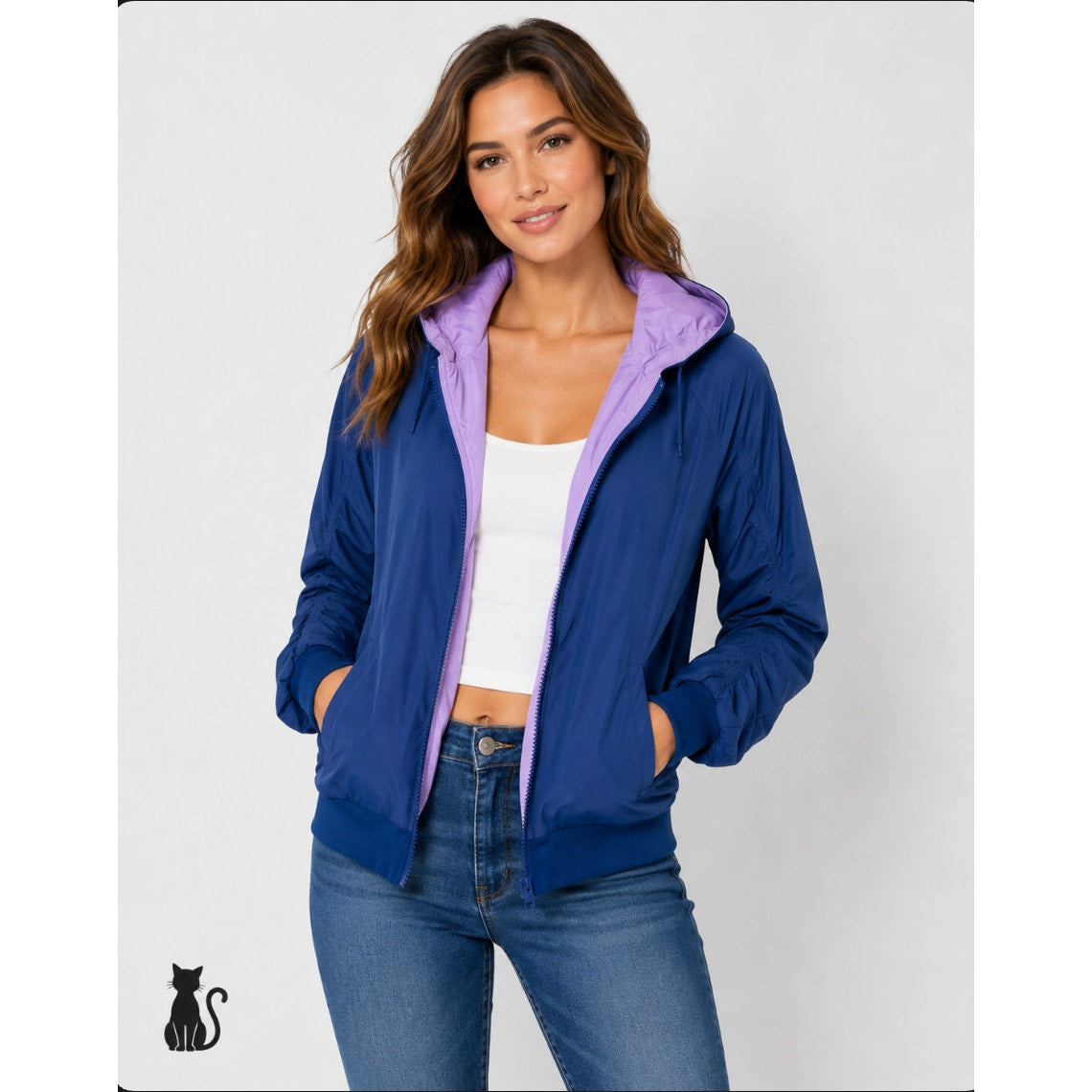 Lite Weight Blue & Lilac Reversible Zip Hoodie Windbreaker Jacket Ruche Sleeves