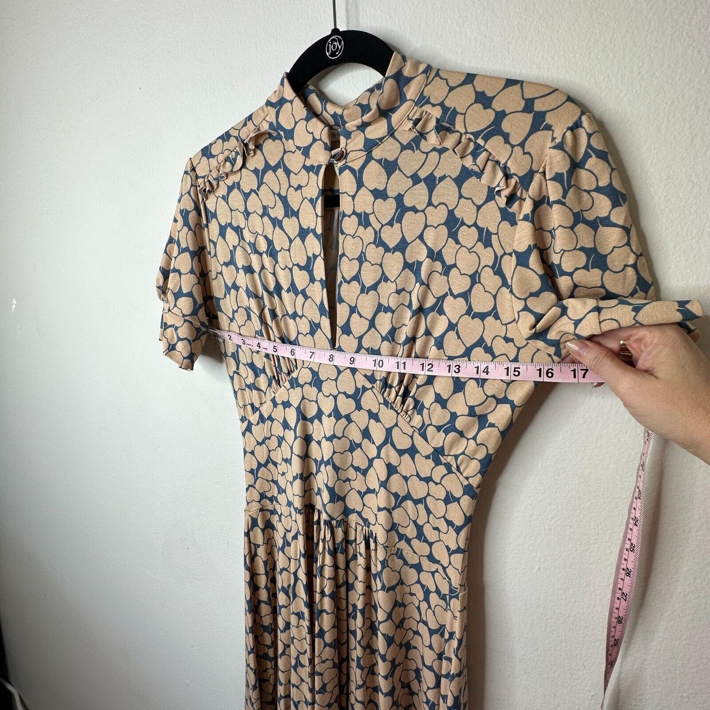 Maria Bonita Extra Blue & Tan Heart Keyhole Front Short Sleeve Mid Dress Med
