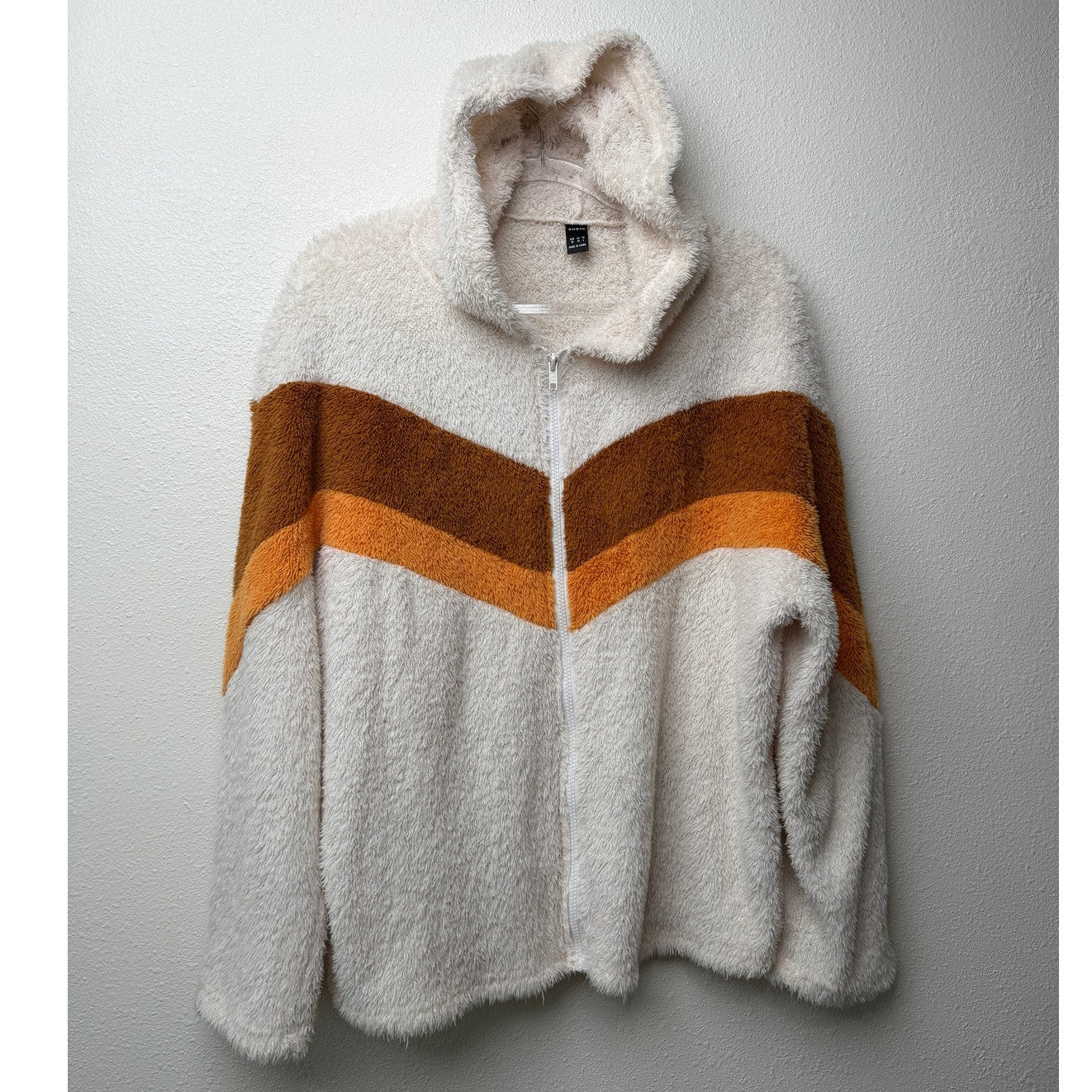 SHEIN Colorblock Sherpa Teddy Zip Hoodie Jacket Cream Brown Size M