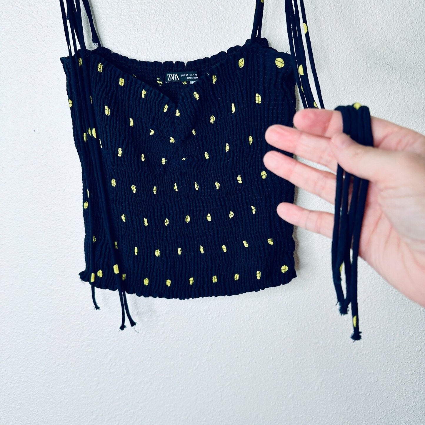 Zara Navy & Yellow Polka Dot Smocked Tube Top XS