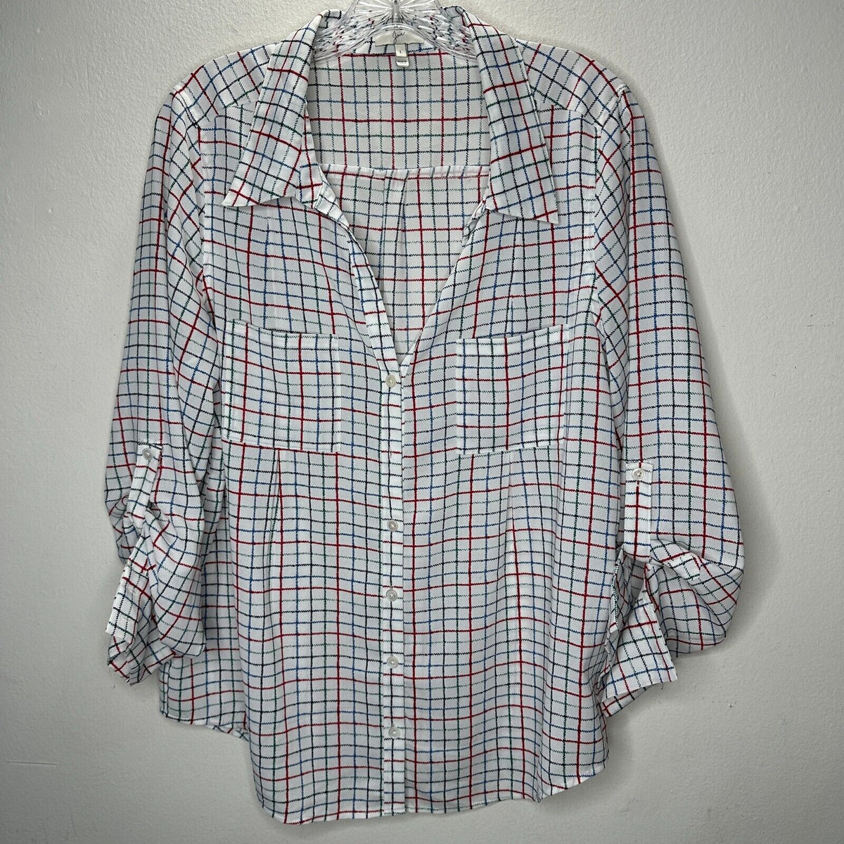 Joie White Red Blue Black & Green Plaid Front Button Pockets Long Sleeve Shirt L