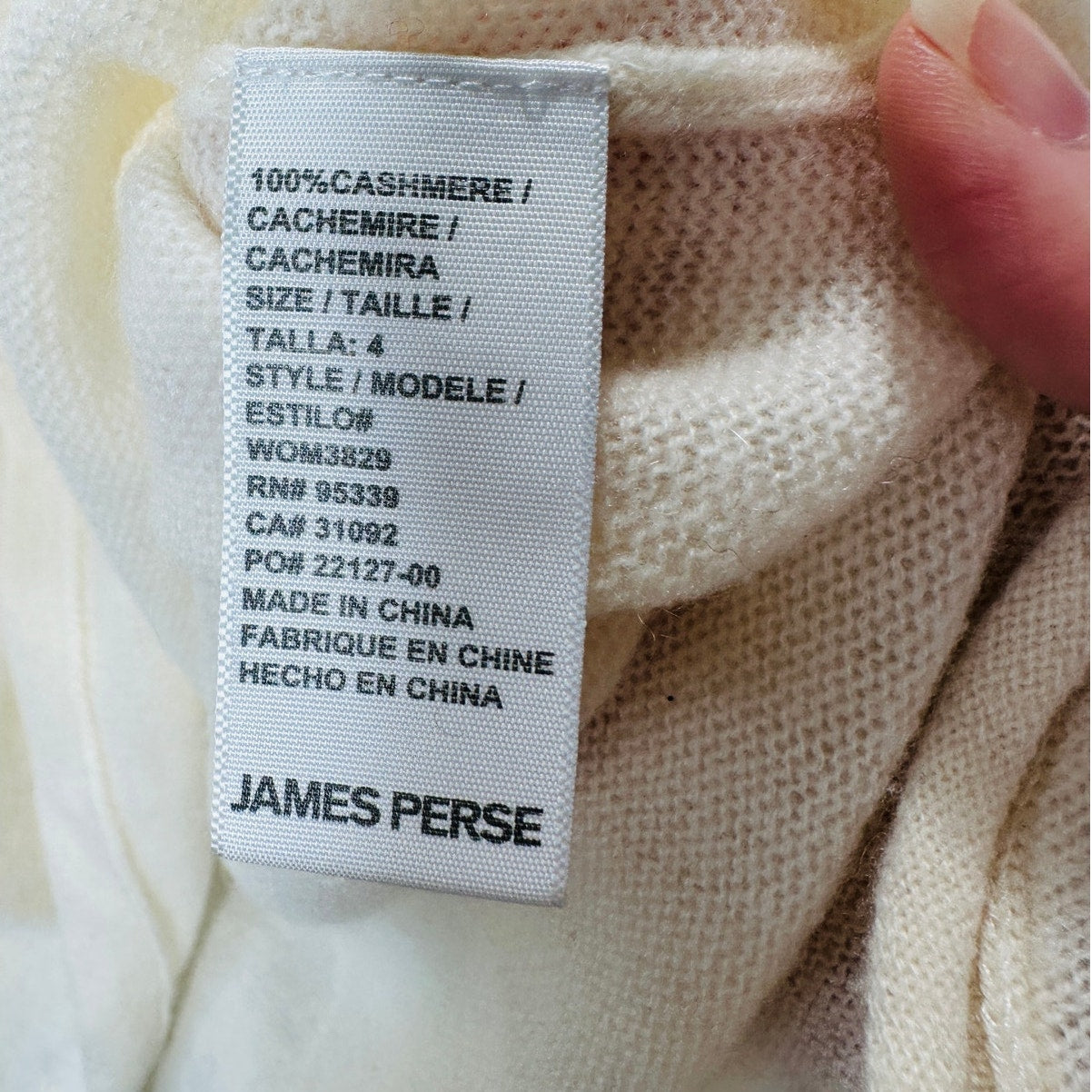 James Perse Cream Long Sleeve Scoop V Neck Cashmere Sweater 4 / XL