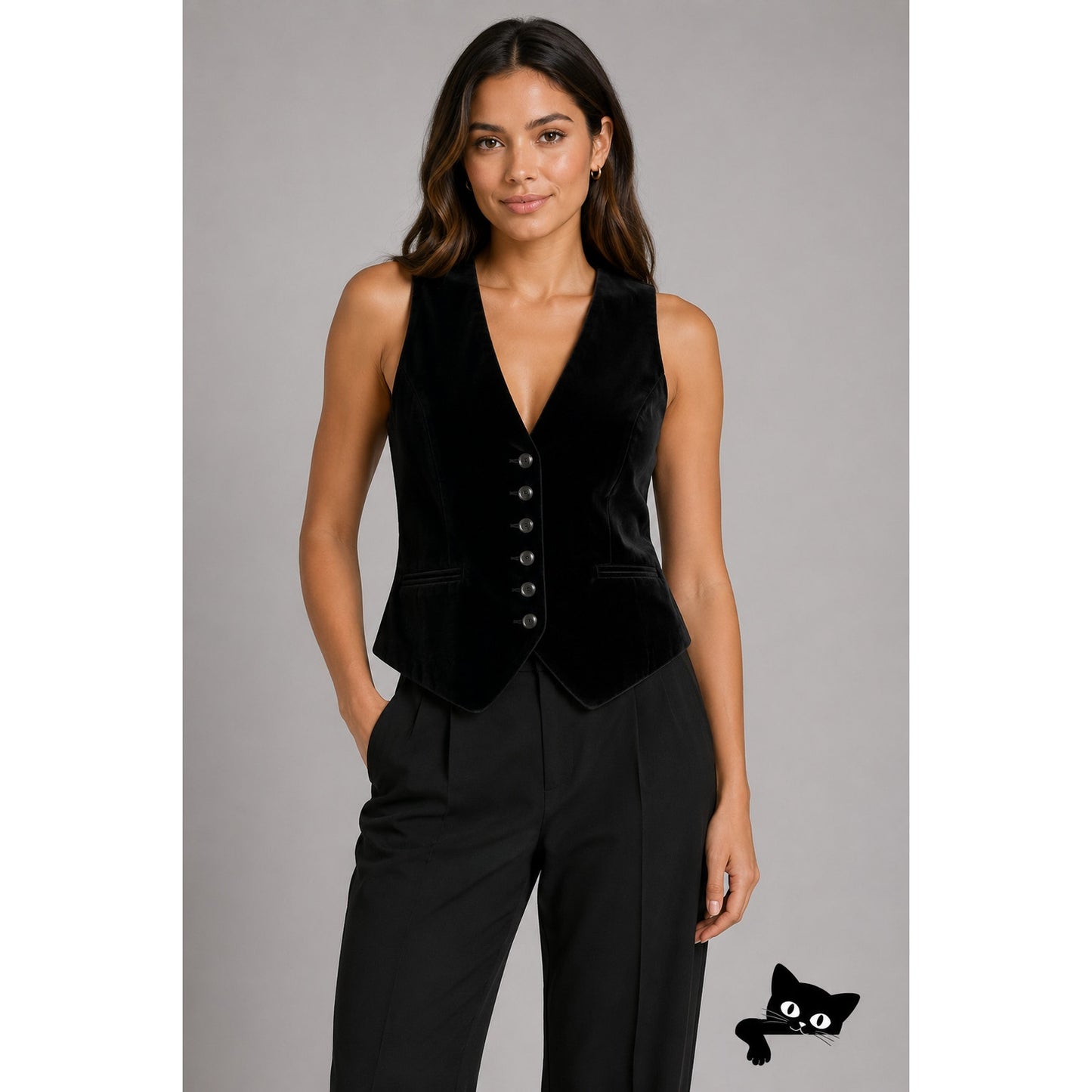 Zara Black Velour Tailored Button Front Vest  Front Flap Details XS