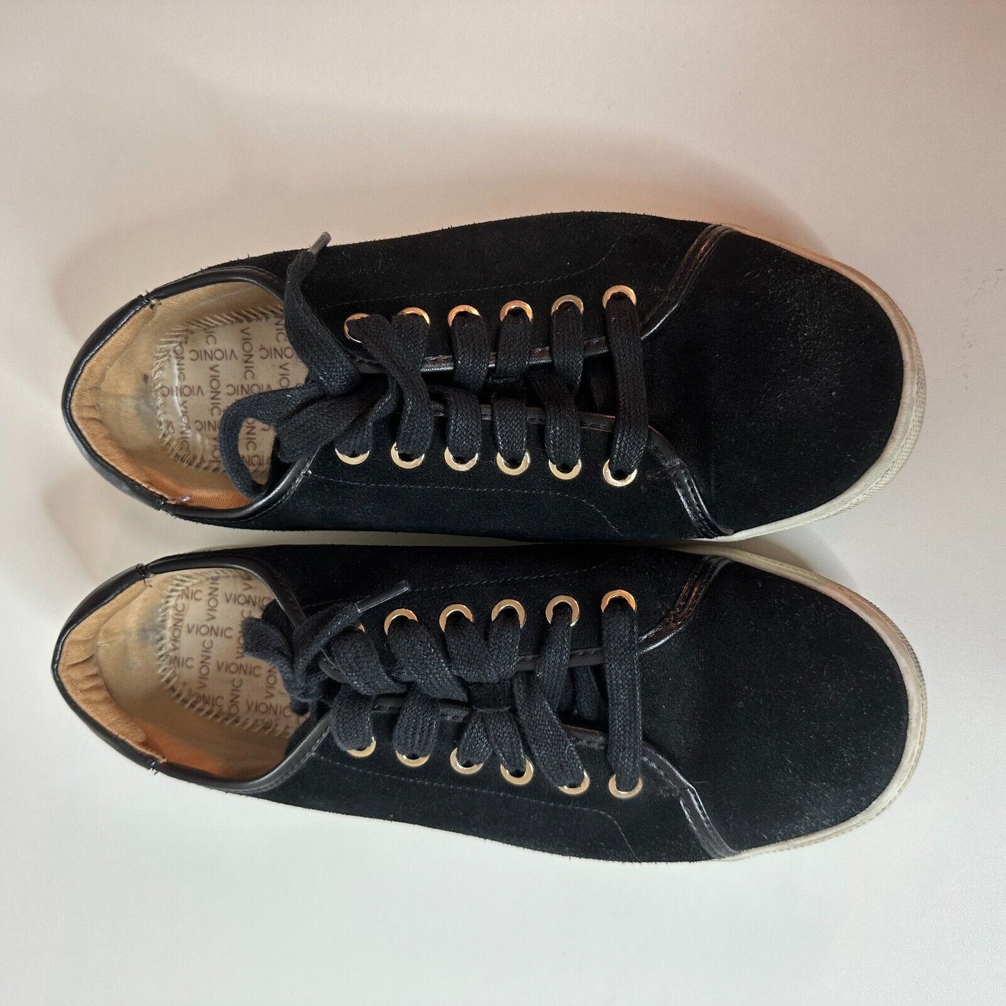Vionic Sunny Brinley Black Suede Laceup White Trim Round Toe Walking Shoes 8.5