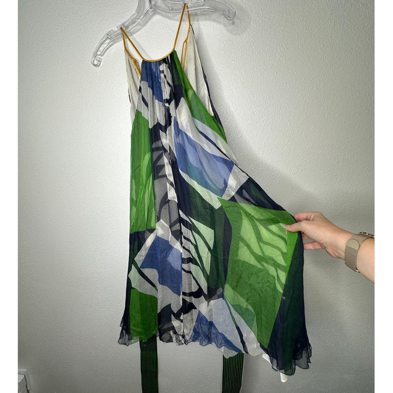 Catherine Malandrino Blue Green Cream Sleeveless Silk Tie Dress 6