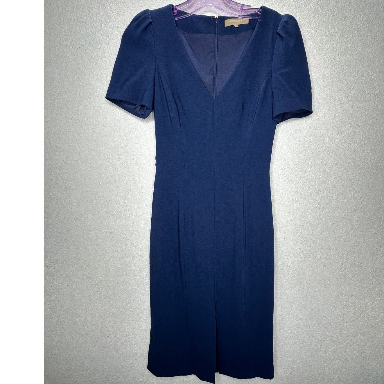 Michael Kors Navy Blue V-Neck Cap Sleeve Front Slit Fitted Midi Dress 2