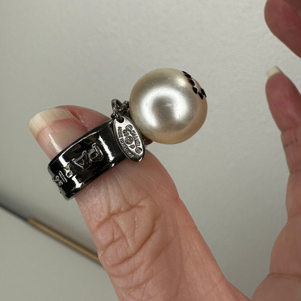 Chanel Paris Silver  Embossed Logo Pearl Crystal Heart Dangle Ring 6.5