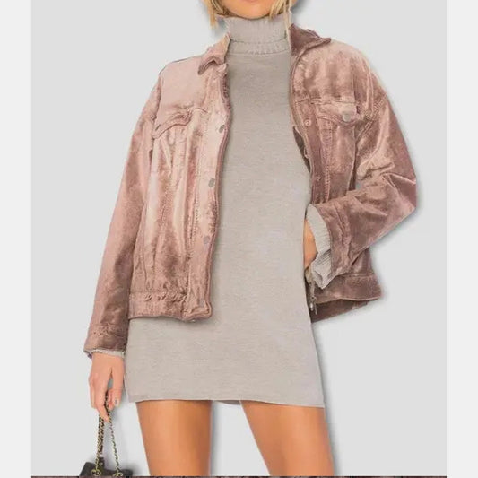 Free People Mauve Velvet Front Zip Trucker Bomber Jacket XS / S