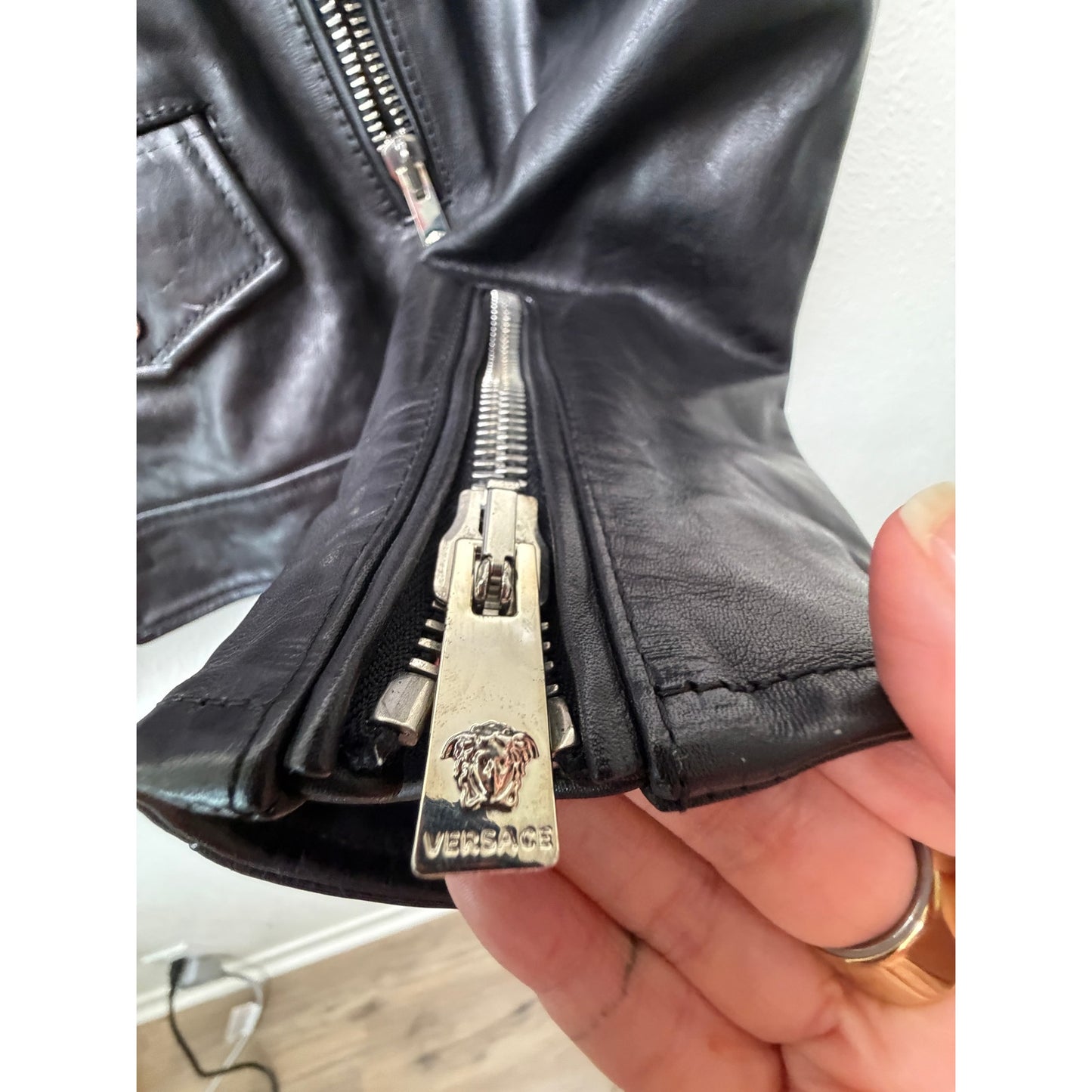 Versace Black Leather Moto Biker Jacket Men L