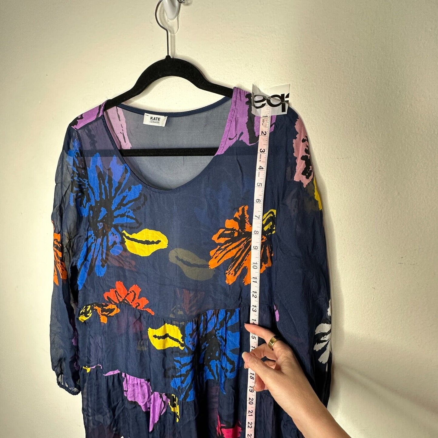 Kate by Laltramoda Sheer Navy Multi Floral Boho Midi Dress 3/4 Sleeve Large