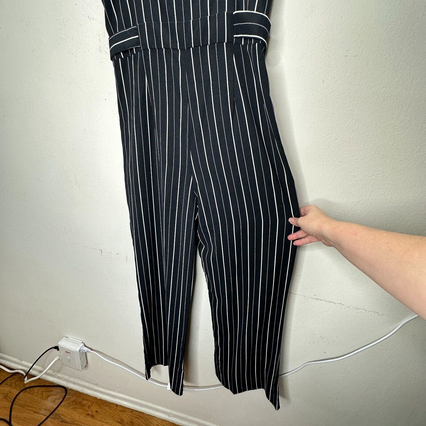 Dance & Marvel Black & White Pinstripe Cinched Sides Wide Leg Front Zip Jumpsuit