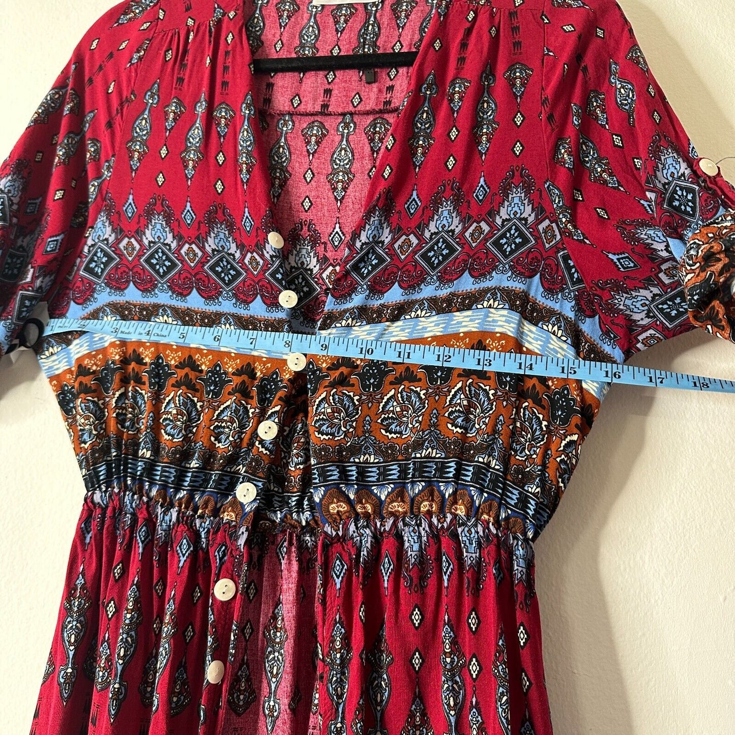 R. Vivimos VNeck Roll Tab Sleeve Button Front Paisley Dress Red Blue Multi Small
