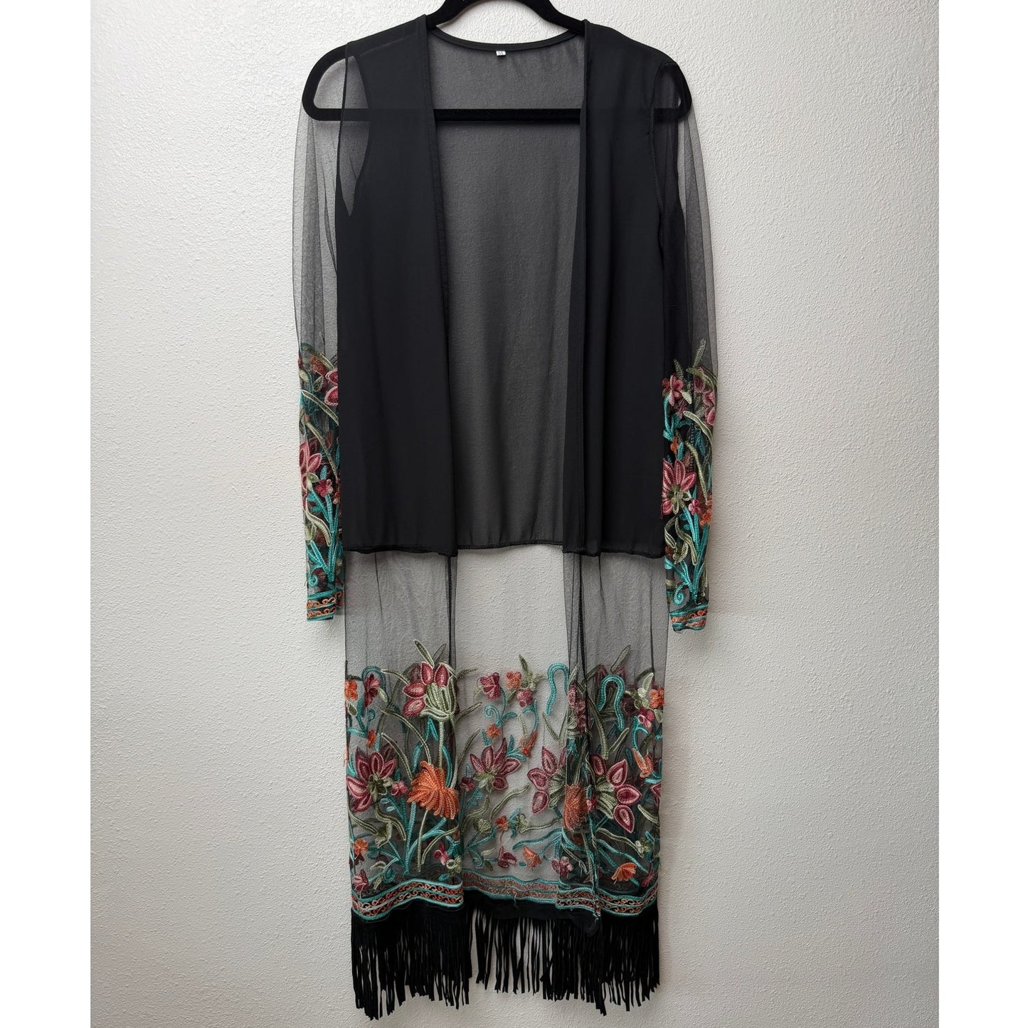 Sheer Floral Embroidered Fringe Kimono Duster Black Women’s M