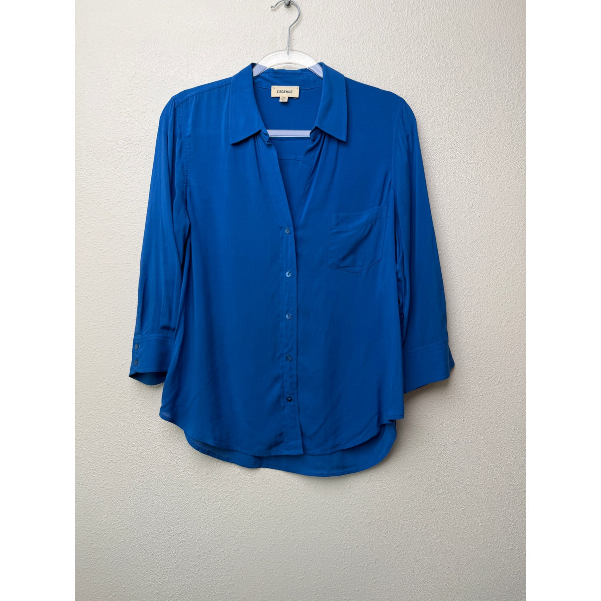 L'AGENCE Blue Button Front Blouse Women M 3/4 Sleeve