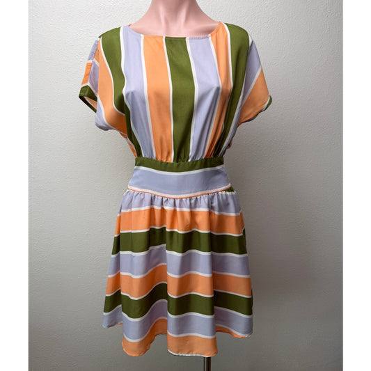 Bar III Front Row Striped Belted Fit & Flare Dress Peach Green Lilac Sz S