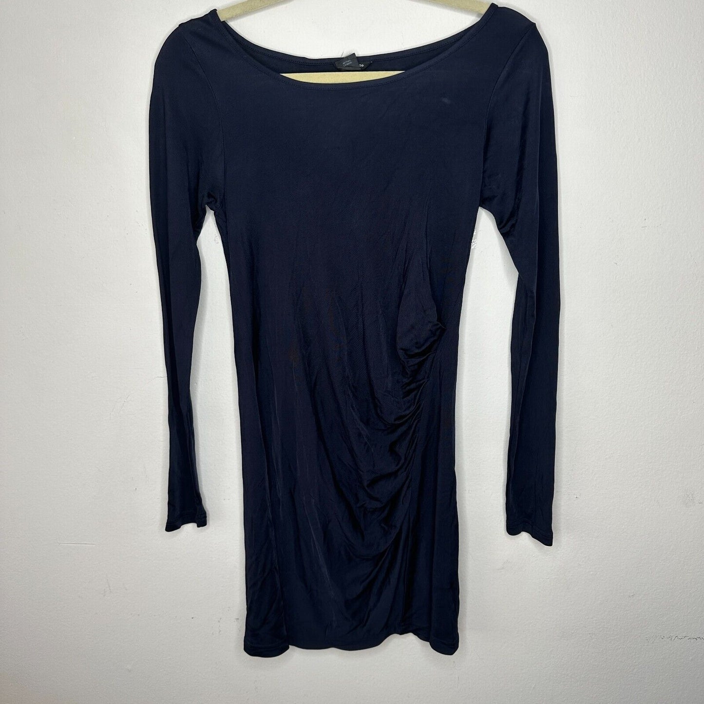 Club Monaco Sexy Jet Black Bodycon Long Sleeve Boat Neck Side Ruche Mini00