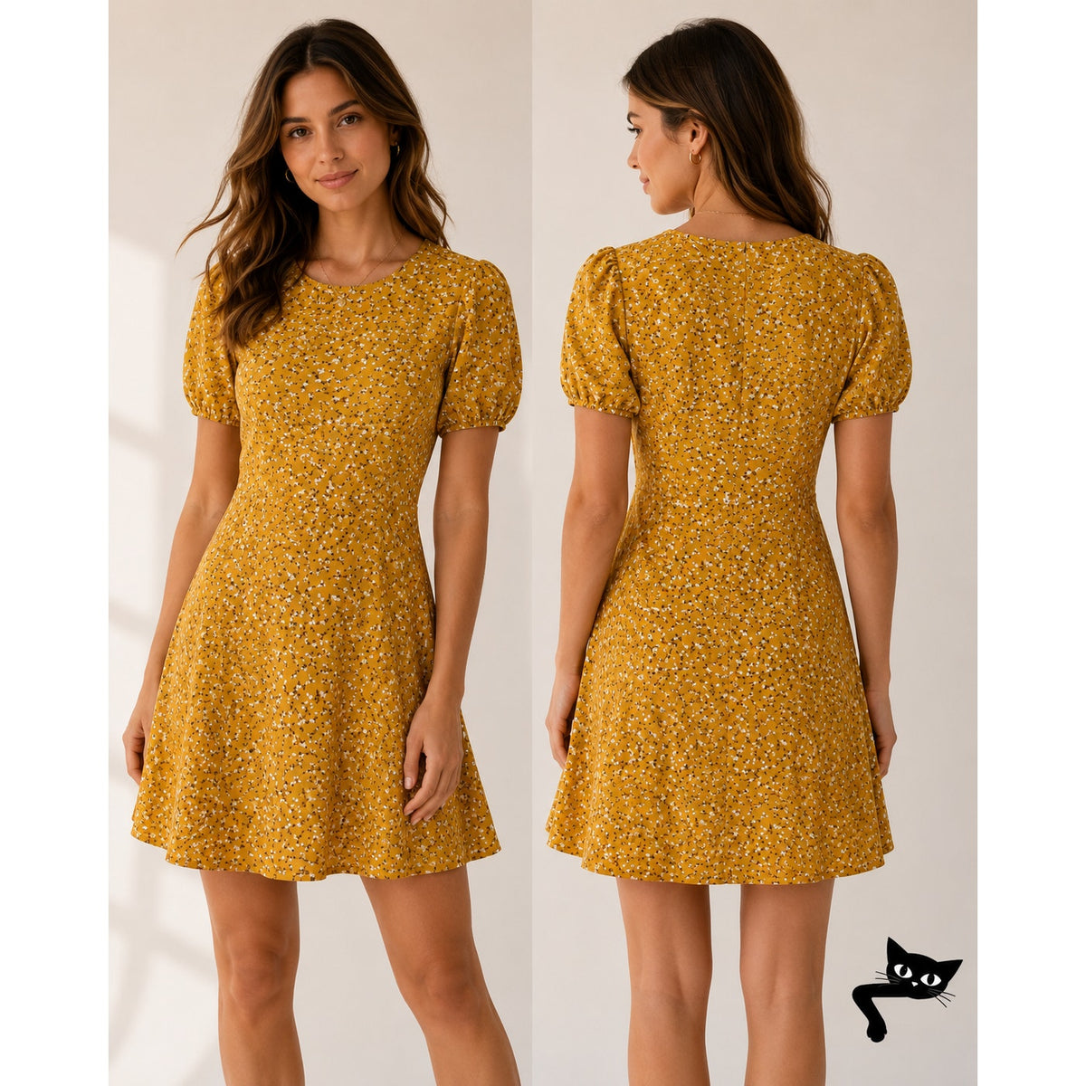 Tu by Catu Mustard Yellow White Brown Floral Short Sleeve Crew Neck Mini Dress