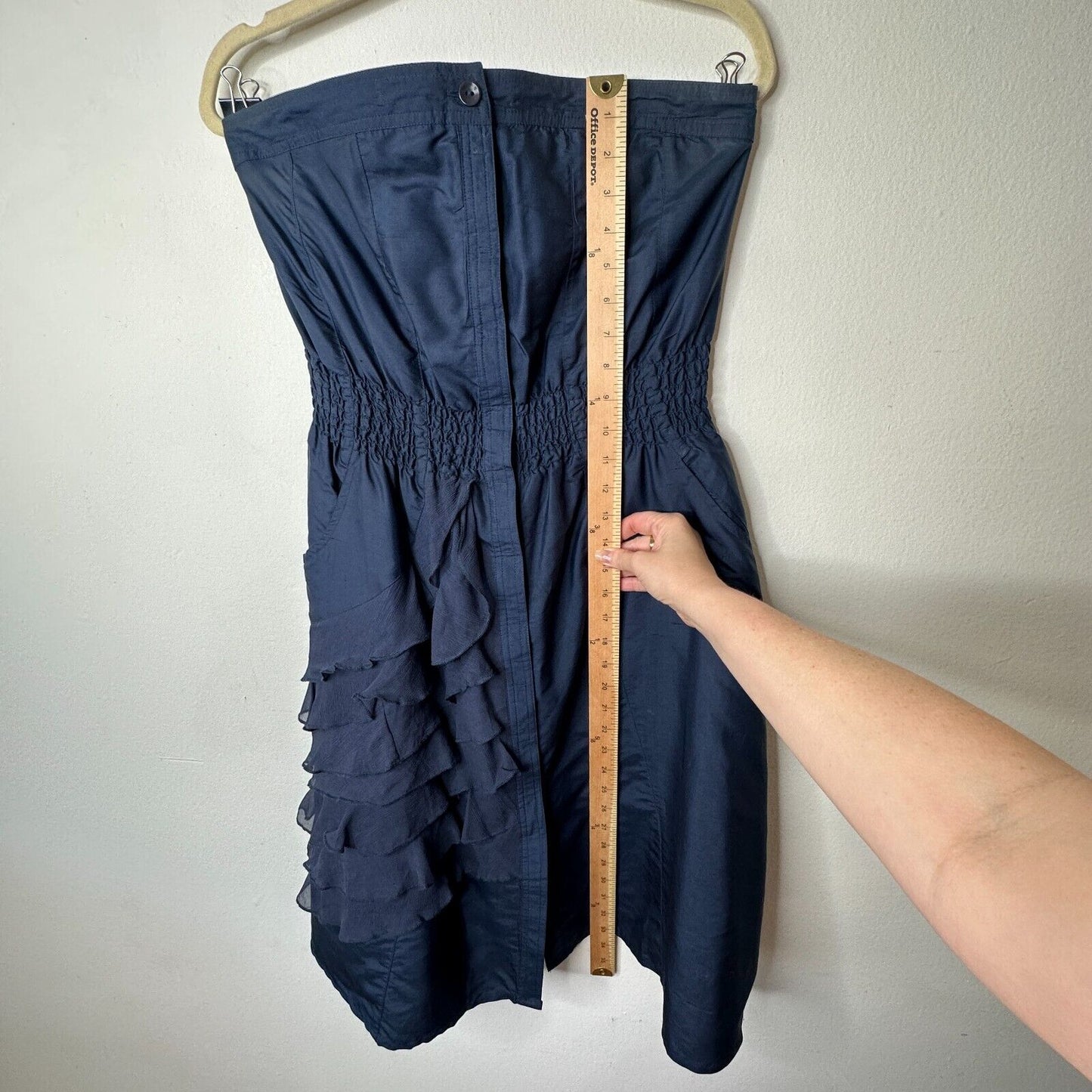 Modern Amusement Cute Strapless Navy Button Down Tiered Ruffle Dress 100% Silk 6