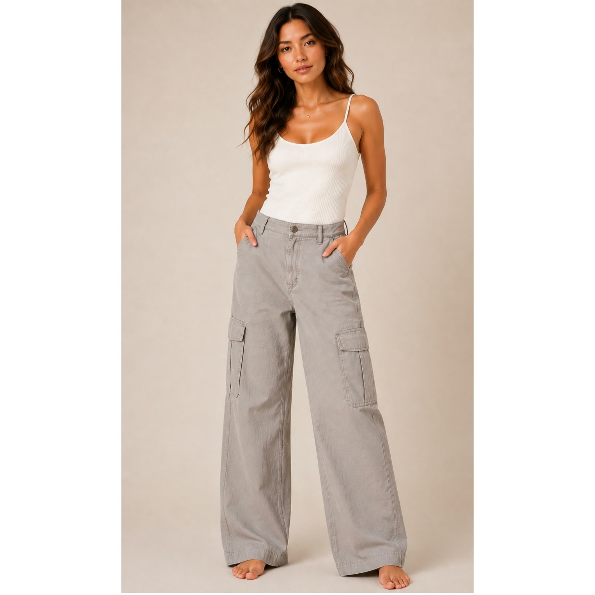 Garage Taupe Khaki Utility Wide Leg Pants Elastic Waist Cargo Zip Close XS
