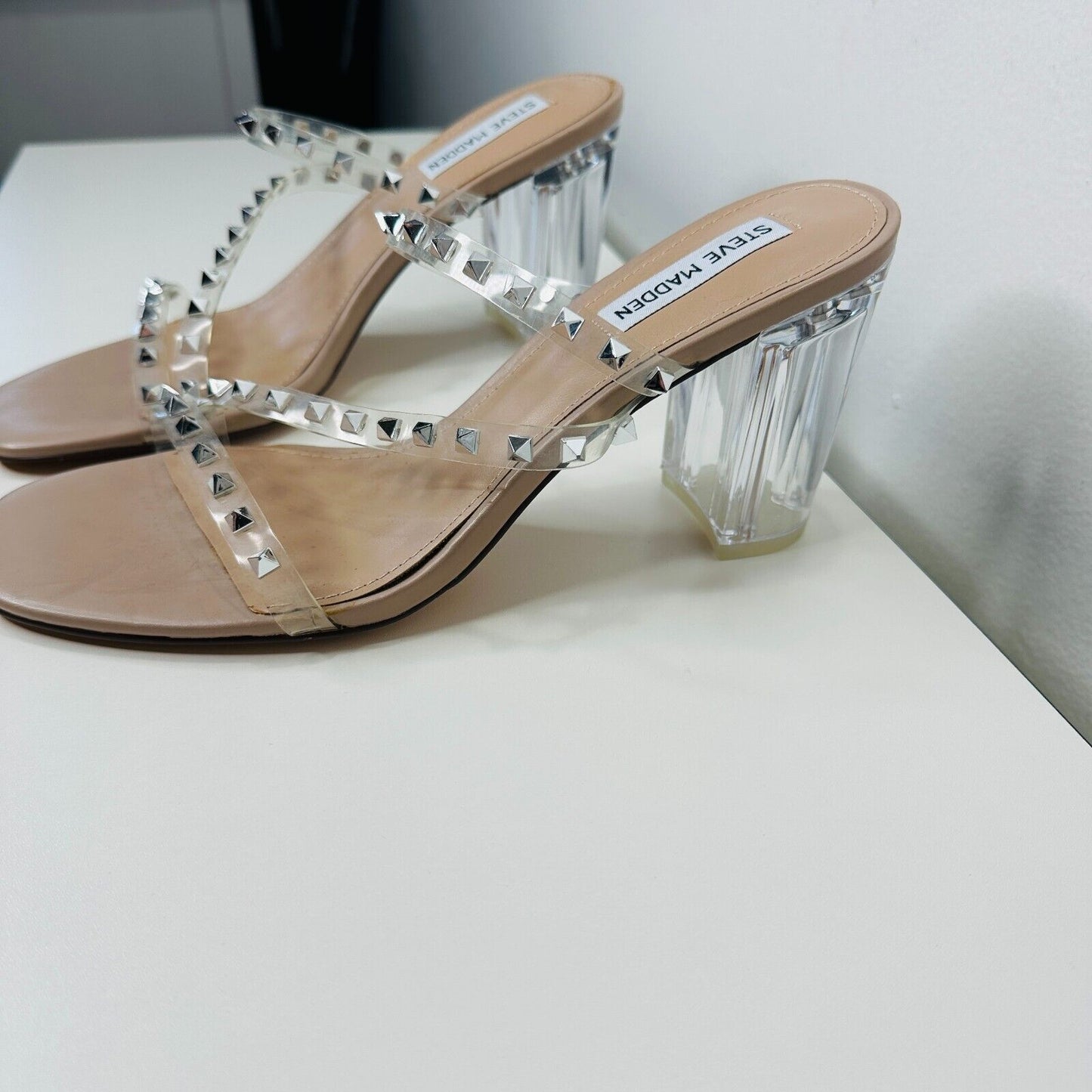 Steve Madden Nude Lucite Tangent Cone Heel Clear Silver Studded Strappy Sandal 9