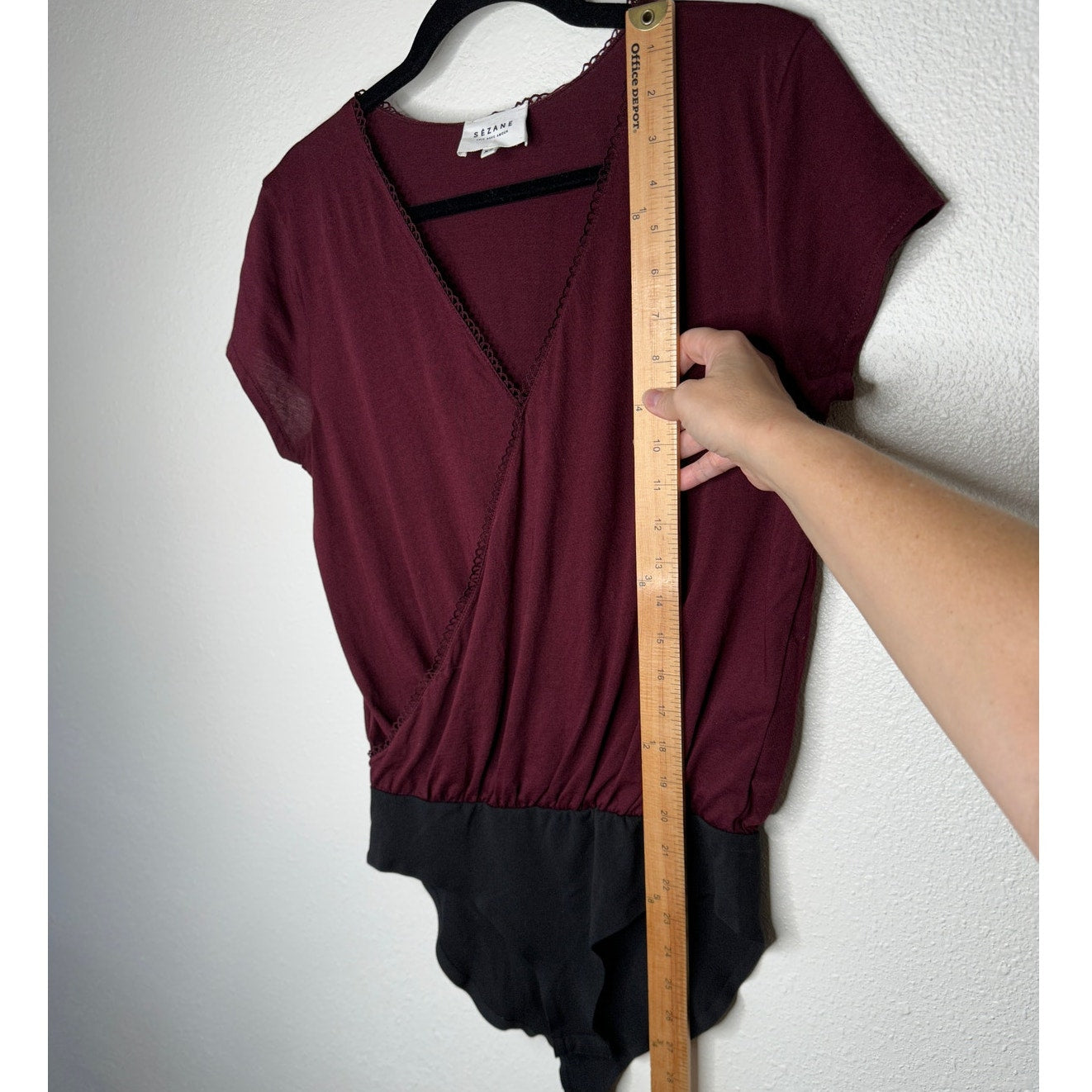 Sezane Burgundy & Black Thibault Bodysuit Crossover Neckline Short Sleeve