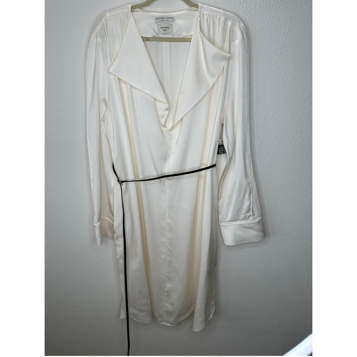 NWT Bottega Veneta Cream Silk Long Sleeve Spread Collar Belted Dress 46 / L