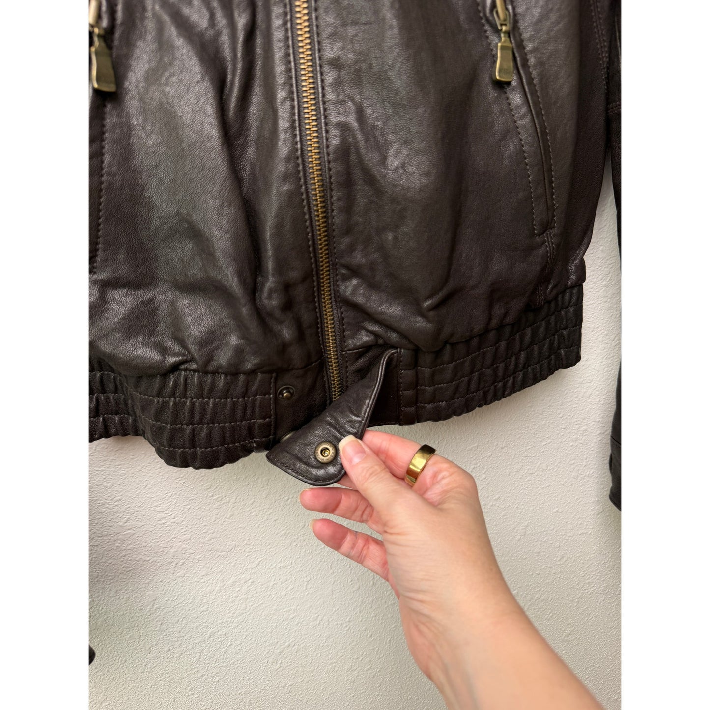 Ted Baker Brown Leather Jacket Womens US 6 Moto Gathered Zip