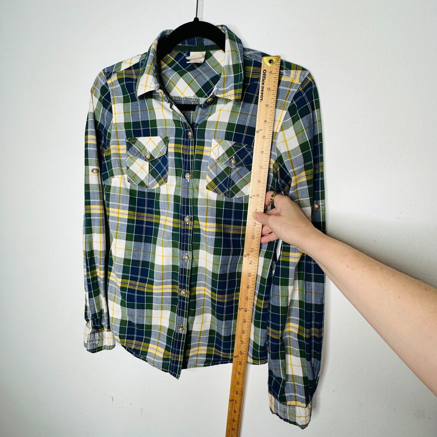 Mossimo Supply Green Blue Yellow White Plaid Button Front Long Sleeve Shirt SM