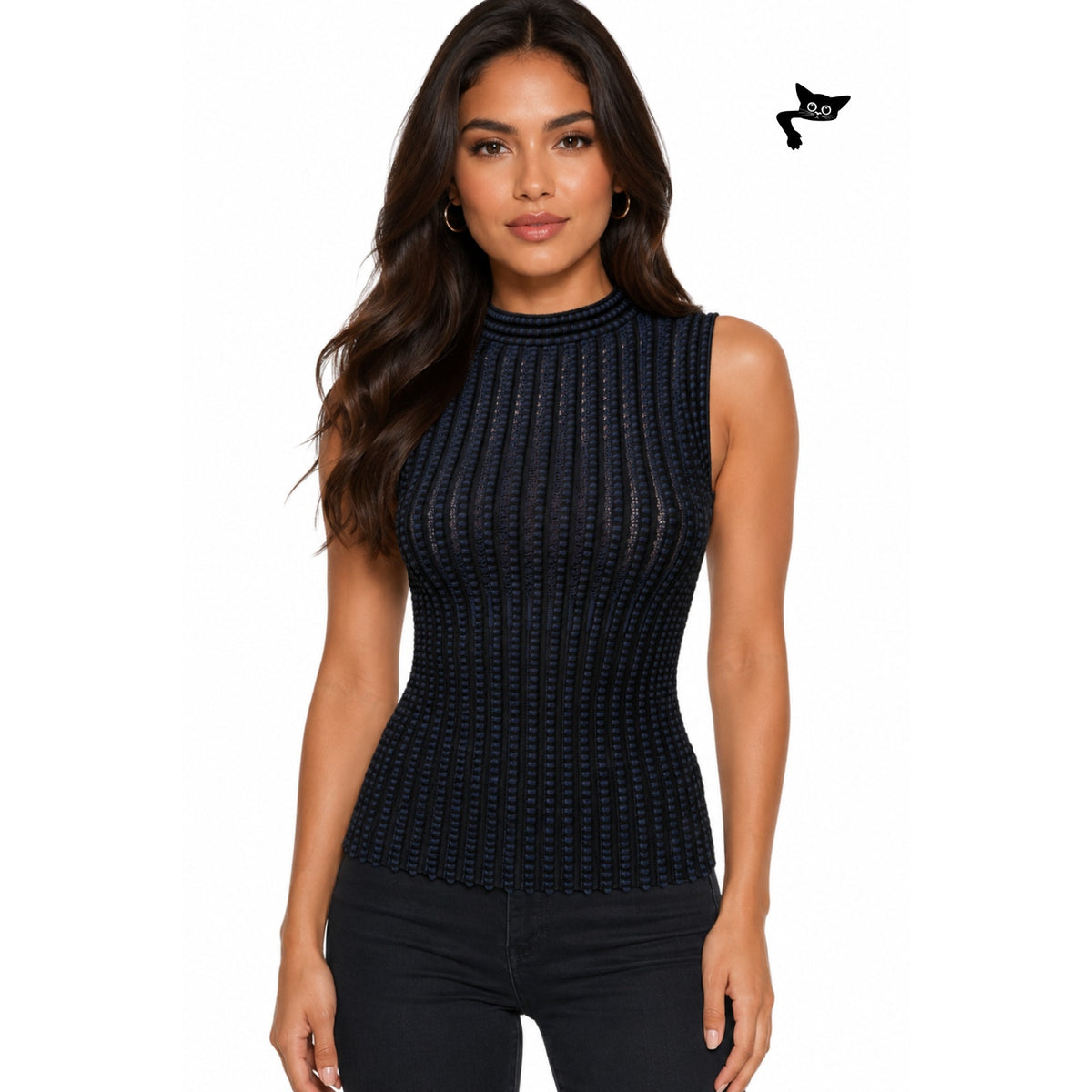Theory Black Blue Stripe Ribbed Sleeveless Mock Neck Knit Top US S