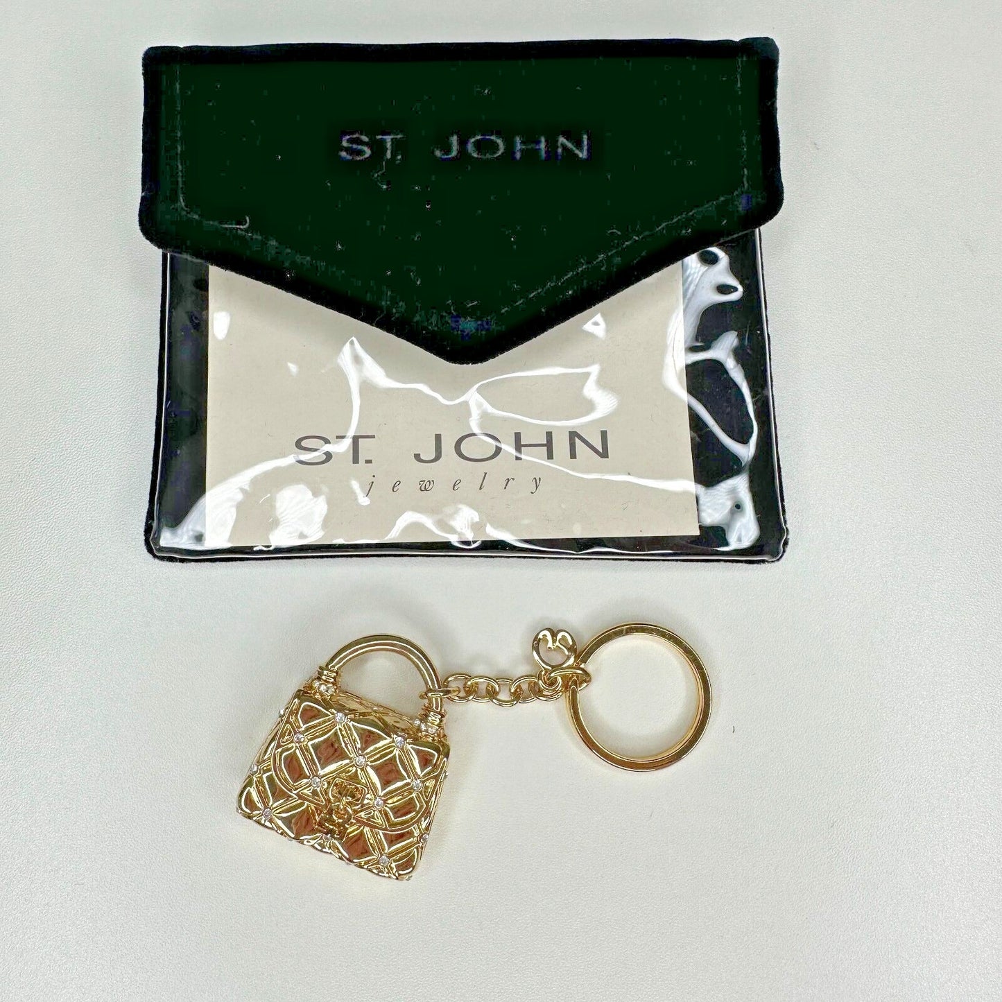 Vintage Chic St. John Gold Crystal Purse Keychain Fob Purse Opens With Pouch