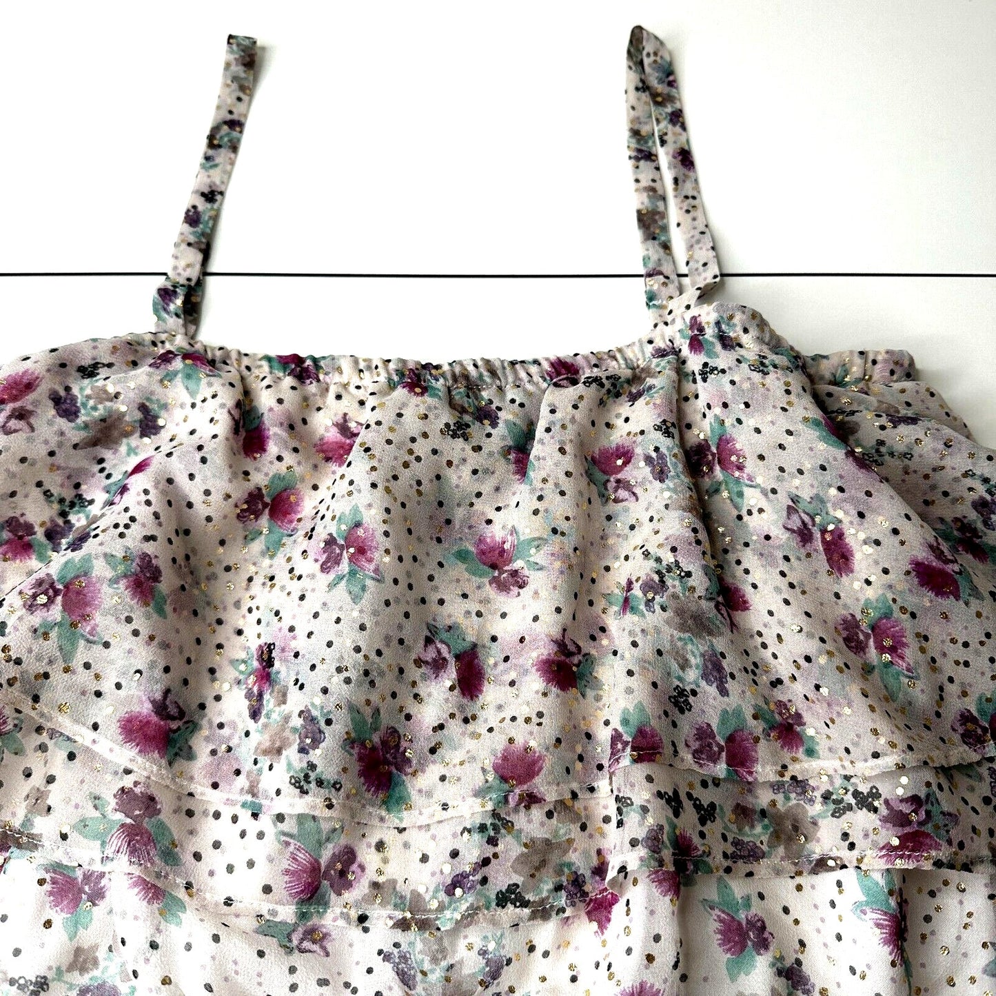 NWT Ella Moss White Purple Gold Metallic Dot Spaghetti Strap Ruffle Top L