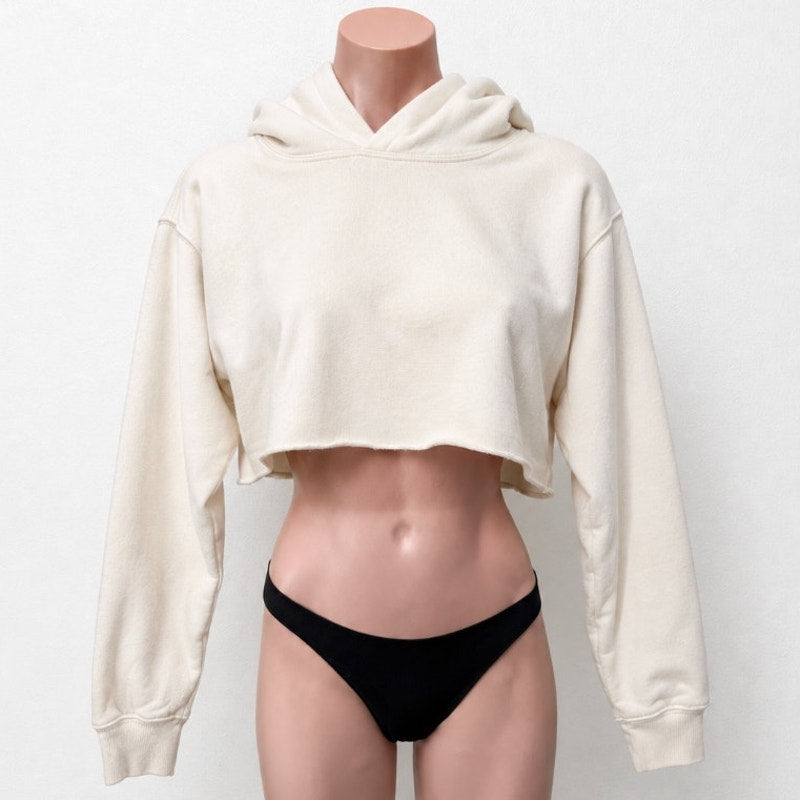 TNA Tan Long Sleeve Crop Fleece Hooded Sweatshirt Rib Trim Sleeves Raw Hem Small