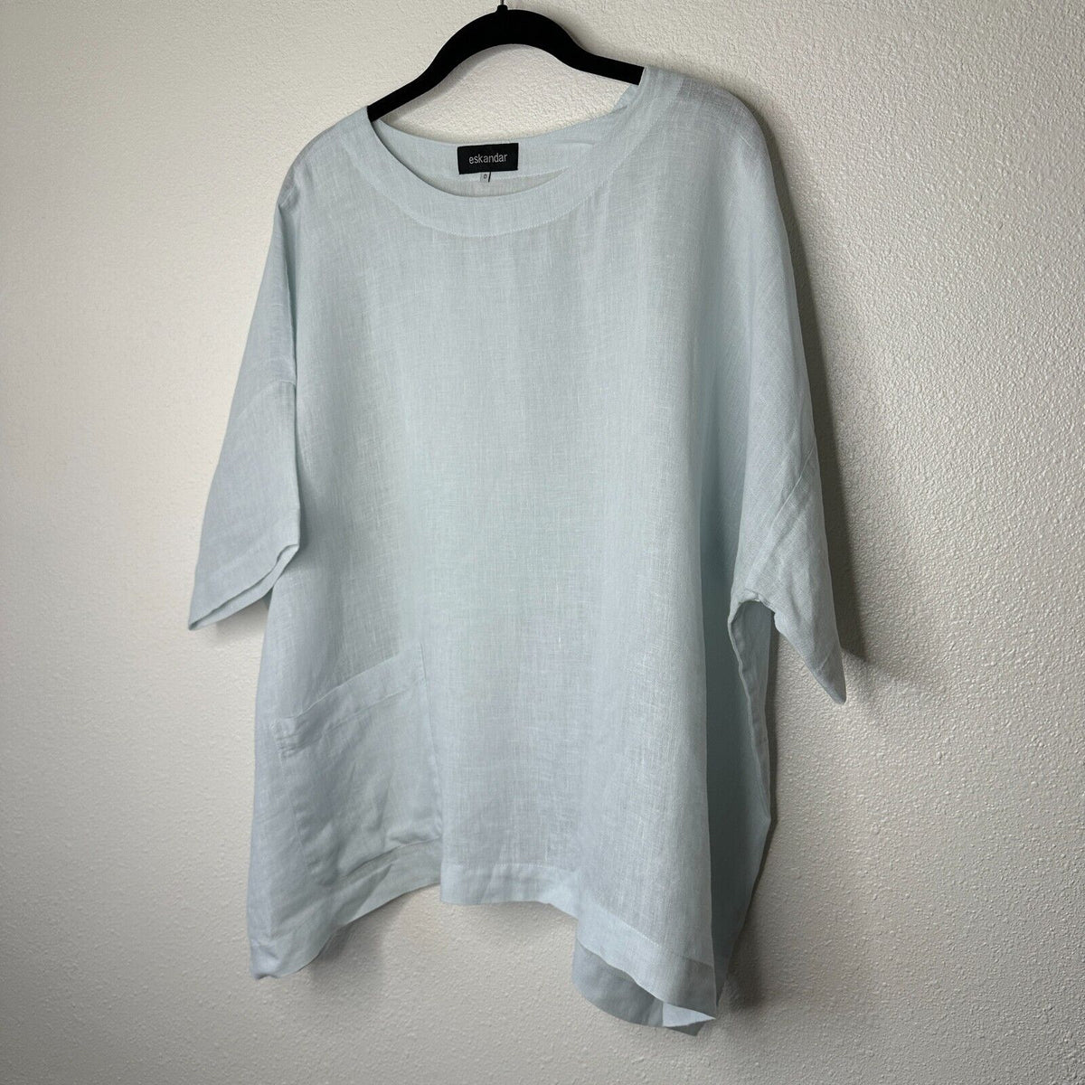 Eskandar Light Blue Boxy Linen Short Sleeve Front Pocket Round Neck Blouse Top 6