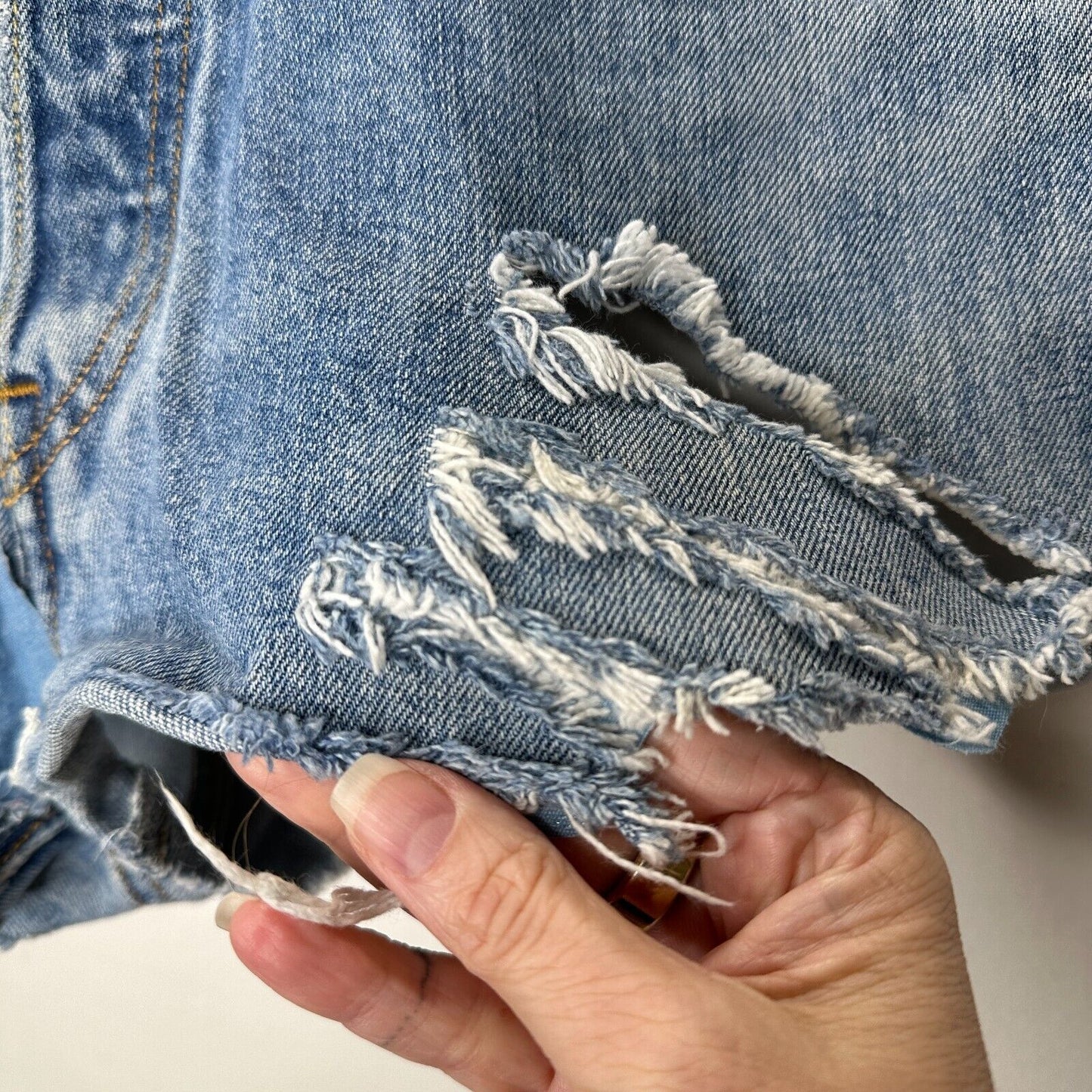 Levis 501 Medium Blue Wash Button Fly Distressed Raw Hem Shorts 34