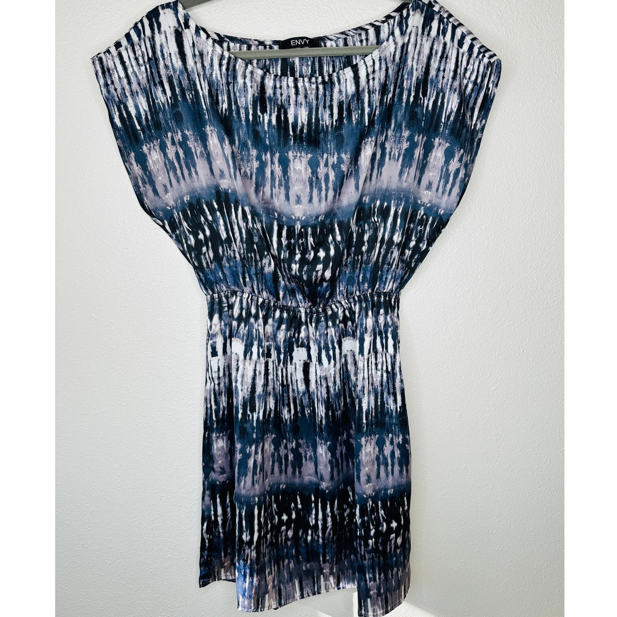 Envy Muted Steel Blue White Black Tie Dye Print Boat Neck Cinched Waist Dress M